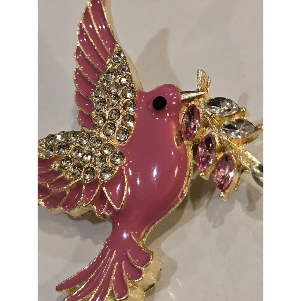 Pink Enamel Bird Brooch Rhinestone Flower Branch Gold Tone Dove Songbird Pin
